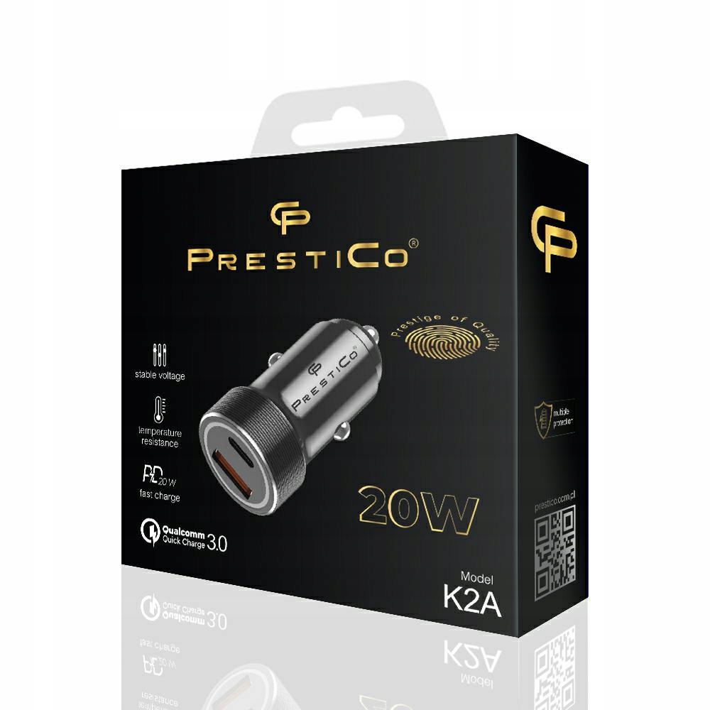 ŁADOWARKA SAMOCHODOWA QC + PD 20W PRESTICO K2A SZYBKA